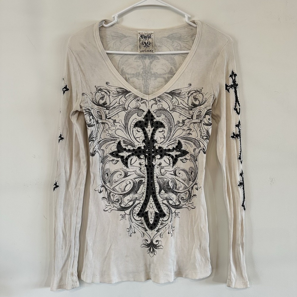VTG Women's Vocal Long Sleeve Cream Top Embellished Cross Medium Bling Biker